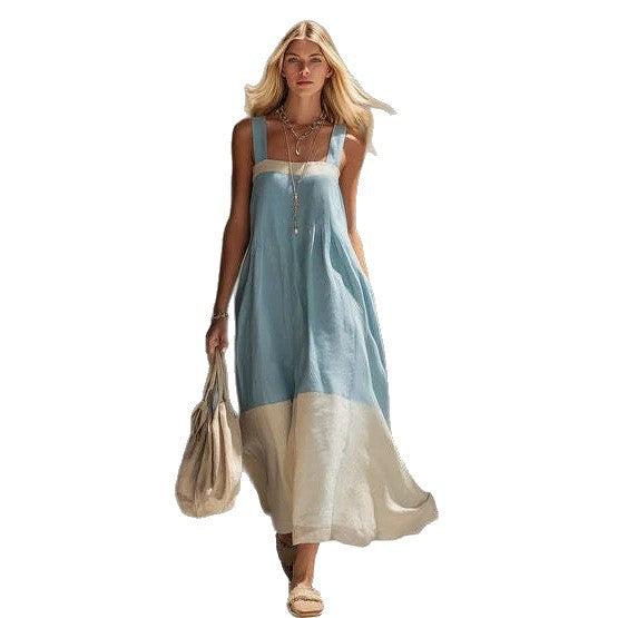 Women’s Square Neck Sleeveless Maxi Dress with Color Block Design