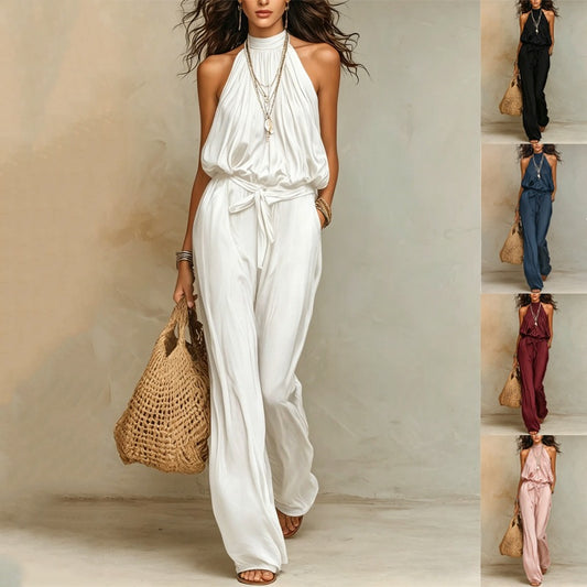 Women’s Halter Neck Jumpsuit with Waist Tie and Wide Leg Pants