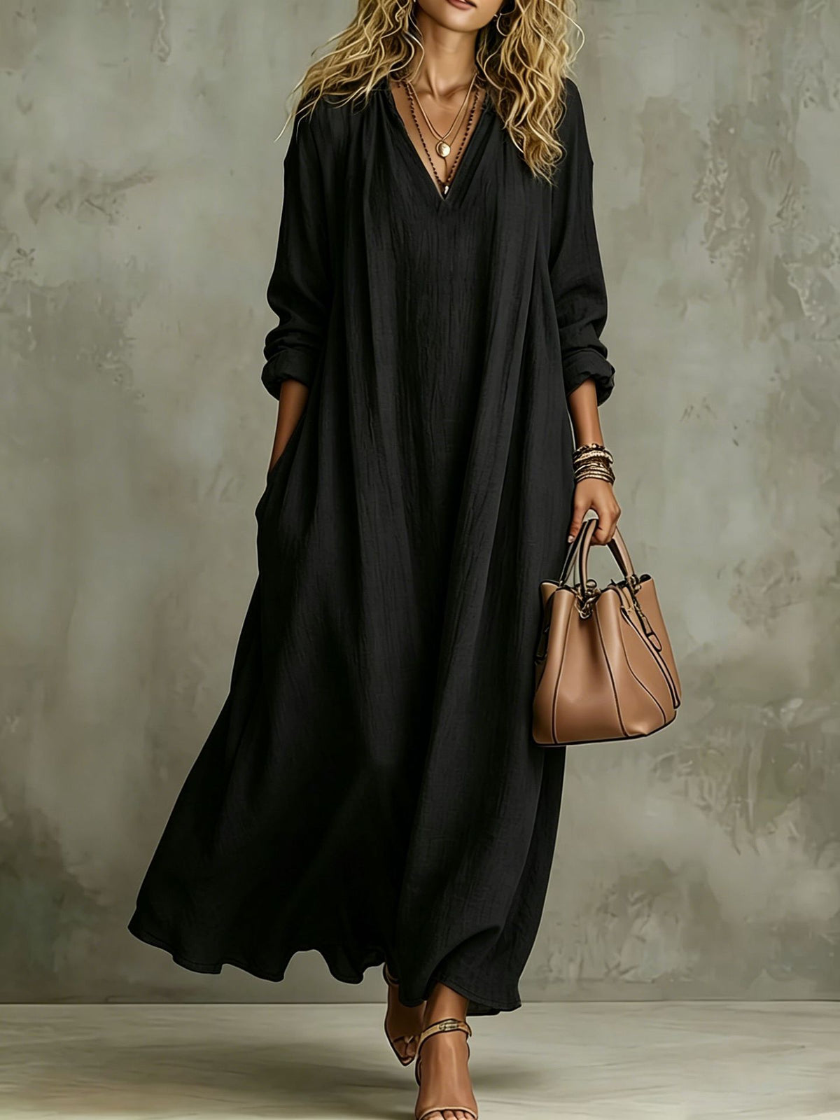 Women's V Neck Long Sleeve A-Line Maxi Dress