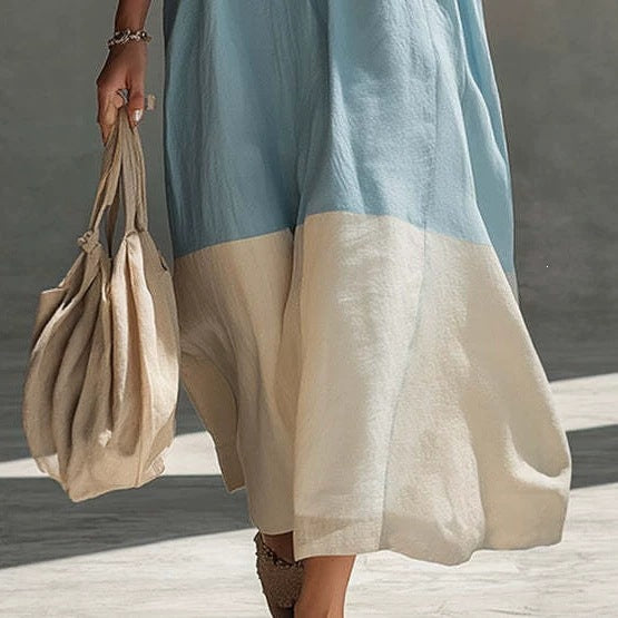 Women’s Square Neck Sleeveless Maxi Dress with Color Block Design