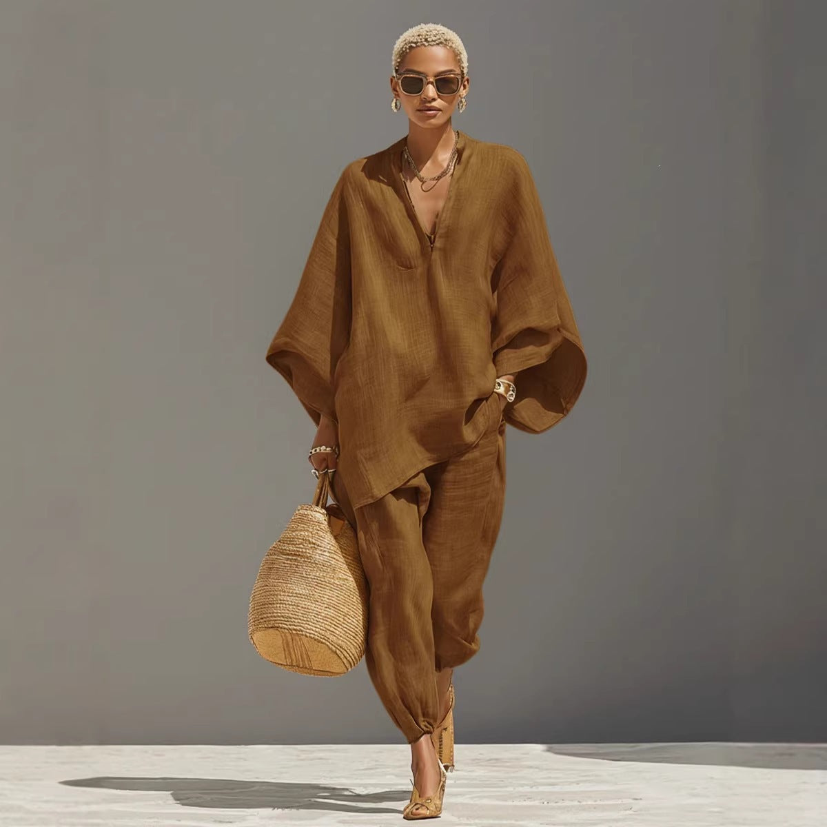 Women’s Two Piece Linen Blend Set with Loose Fit Long Sleeve Top and Pants