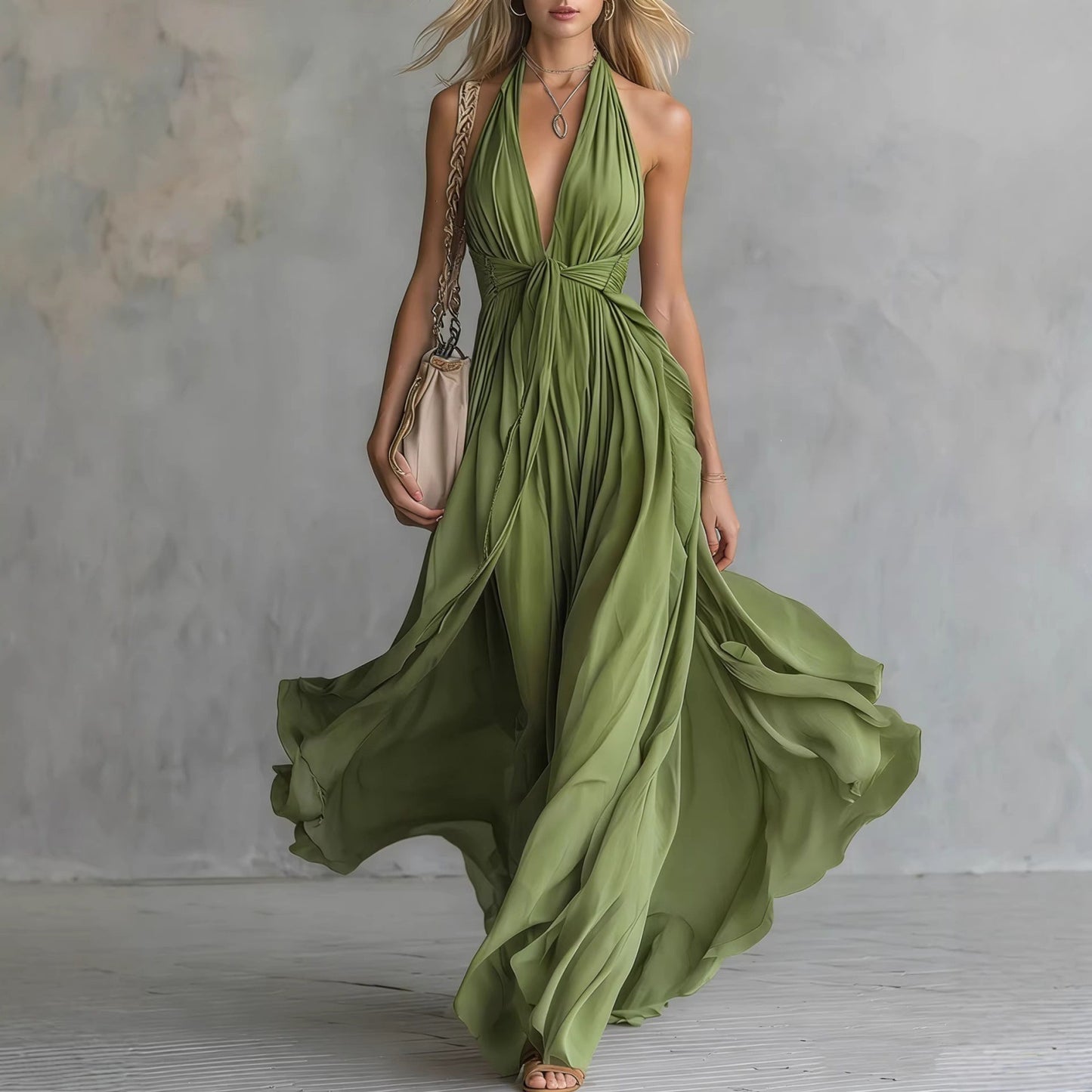 Women's Halter Neck Maxi Dress with Pleated Design