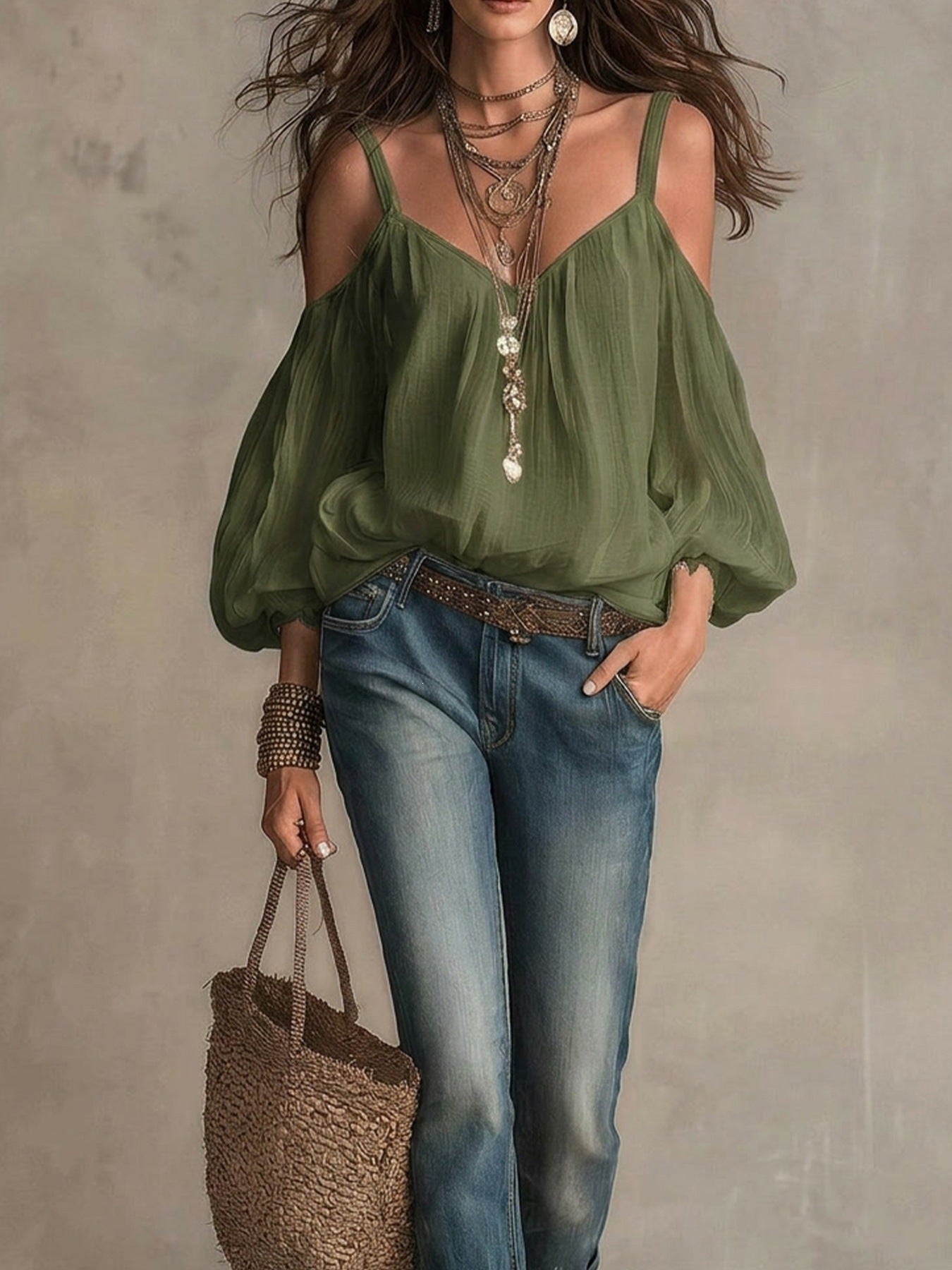 Women’s V Neck Long Sleeve Blouse with Lantern Sleeves and Loose Fit Design
