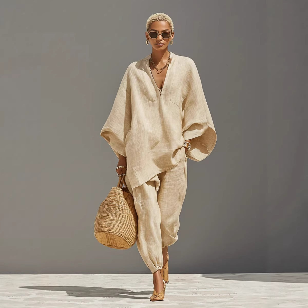 Women’s Two Piece Linen Blend Set with Loose Fit Long Sleeve Top and Pants