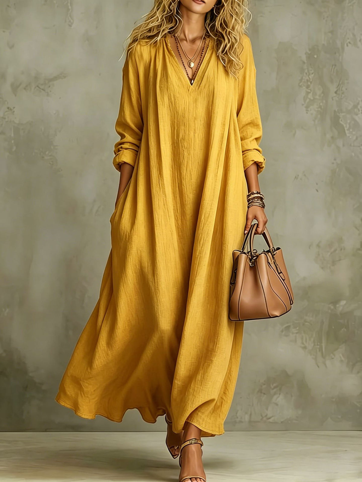 Women's V Neck Long Sleeve A-Line Maxi Dress