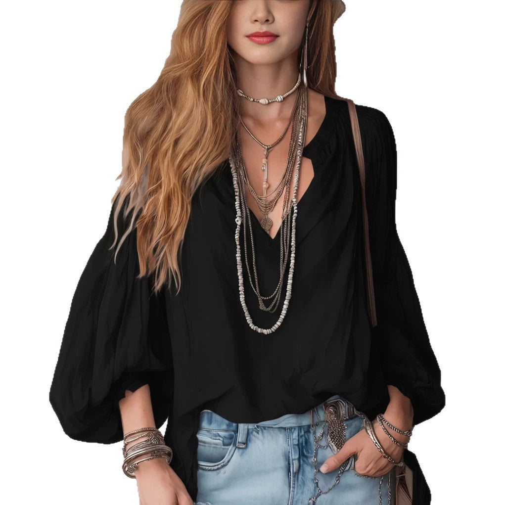 Women’s V Neck Lantern Sleeve Loose Fit Blouse with Pleated Design