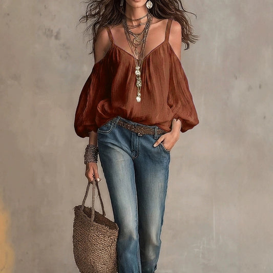 Women's V Neck Lantern Sleeve Blouse with Loose Fit