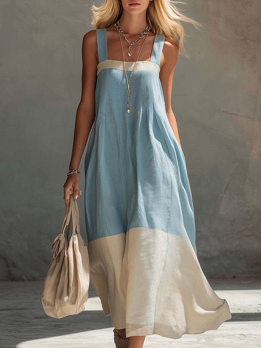 Women’s Square Neck Sleeveless Maxi Dress with Color Block Design