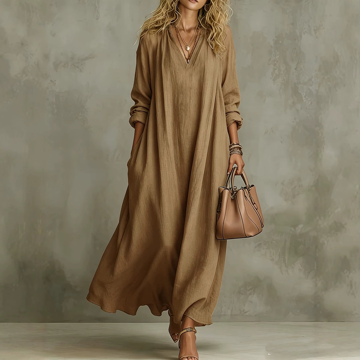 Women's V Neck Long Sleeve A-Line Maxi Dress