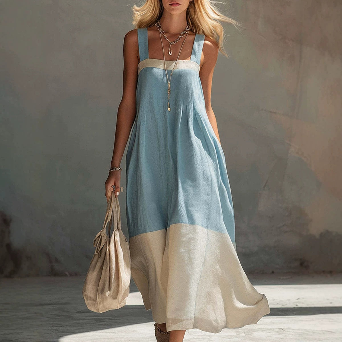 Women’s Square Neck Sleeveless Maxi Dress with Color Block Design