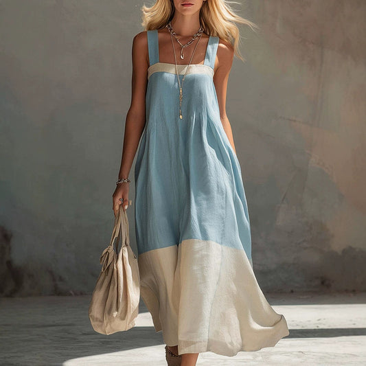 Women’s Square Neck Sleeveless Maxi Dress with Color Block Design