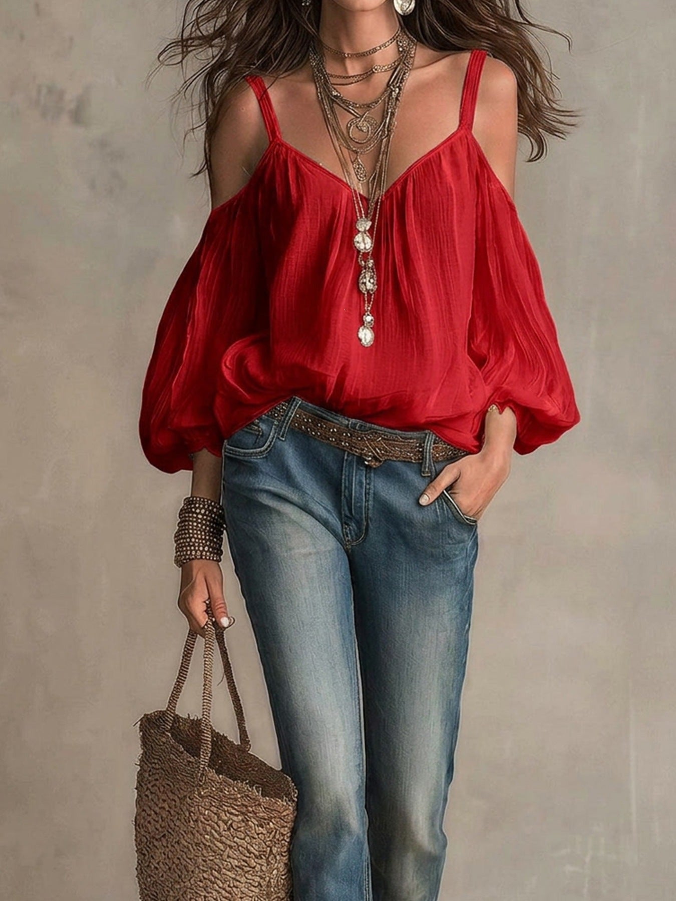 Women’s V Neck Long Sleeve Blouse with Lantern Sleeves and Loose Fit Design