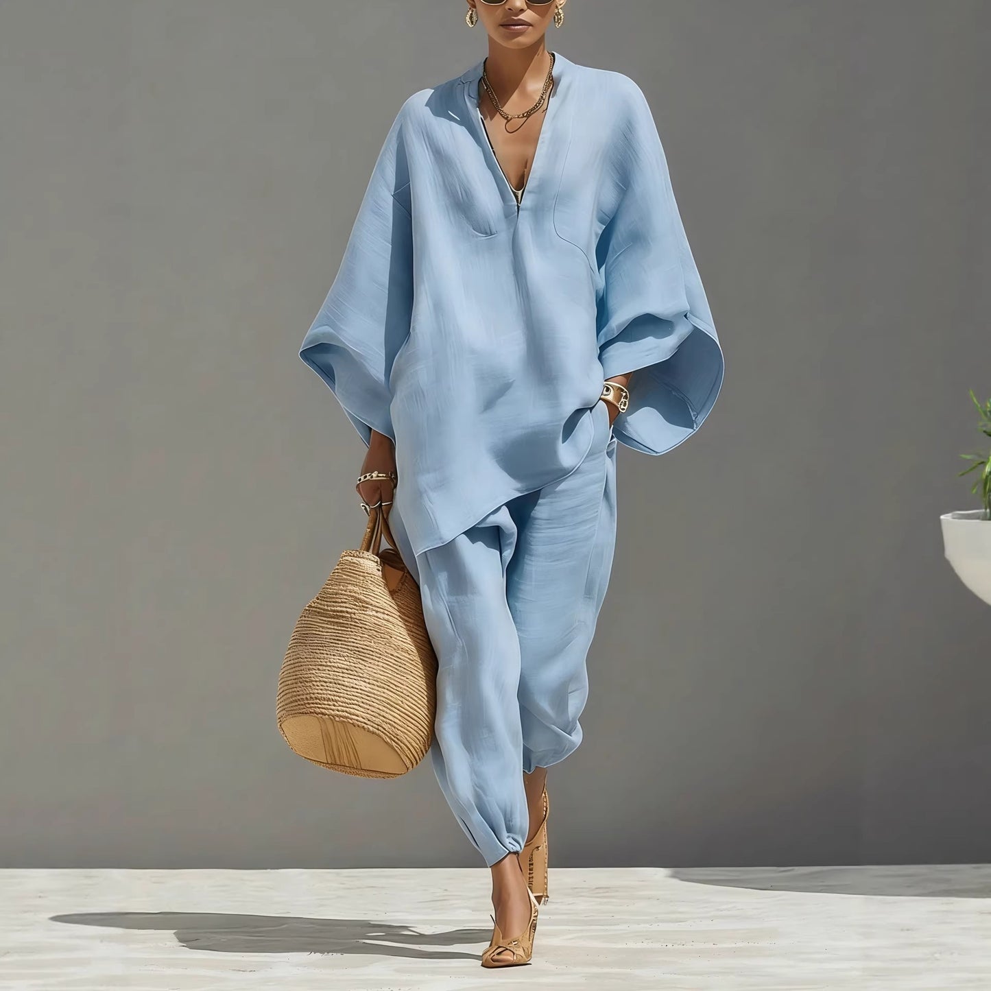 Women’s Two Piece Linen Blend Set with Loose Fit Long Sleeve Top and Pants