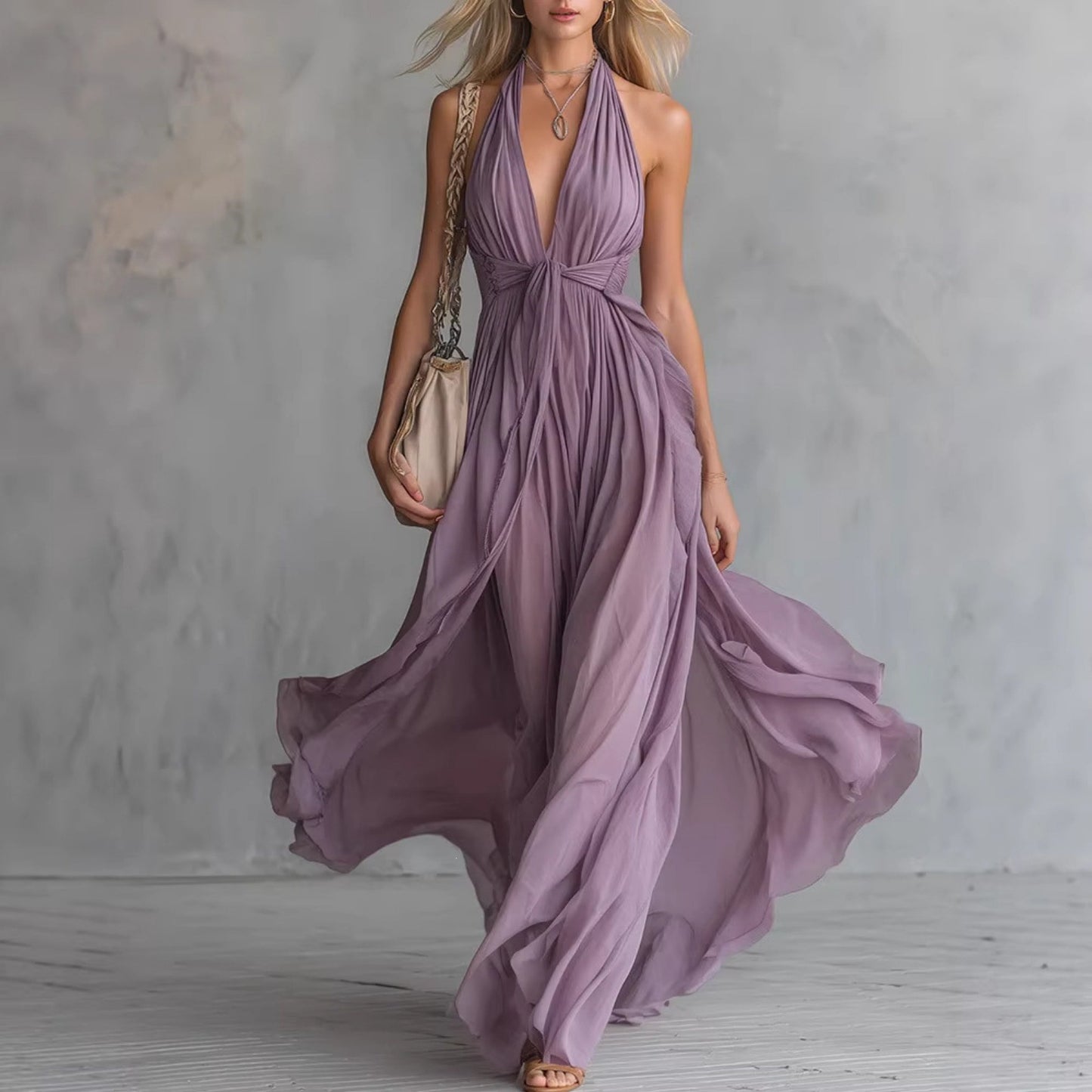Women's Halter Neck Maxi Dress with Pleated Design