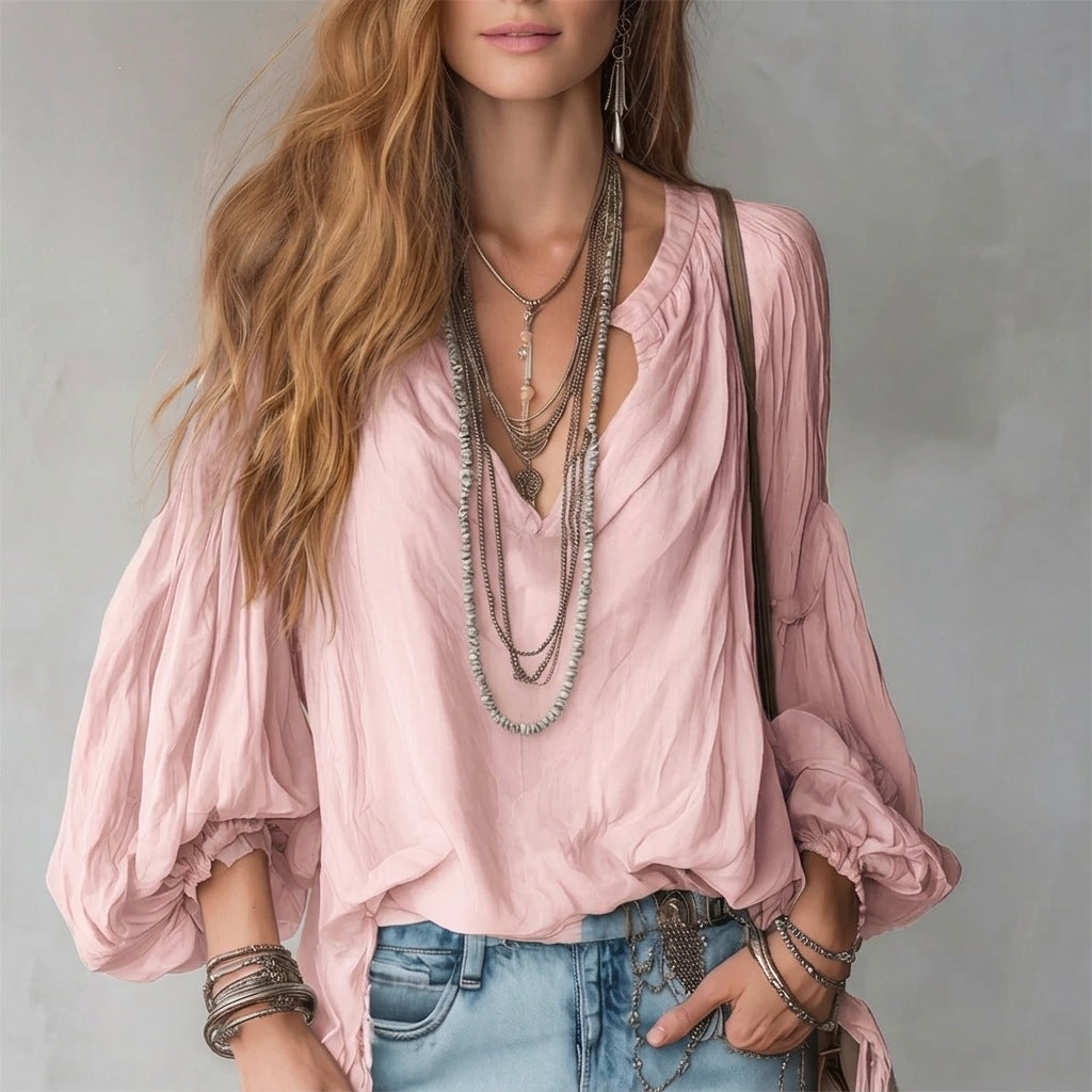 Women’s V Neck Lantern Sleeve Loose Fit Blouse with Pleated Design
