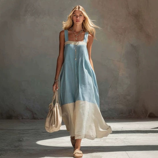Women’s Square Neck Sleeveless Maxi Dress with Color Block Design