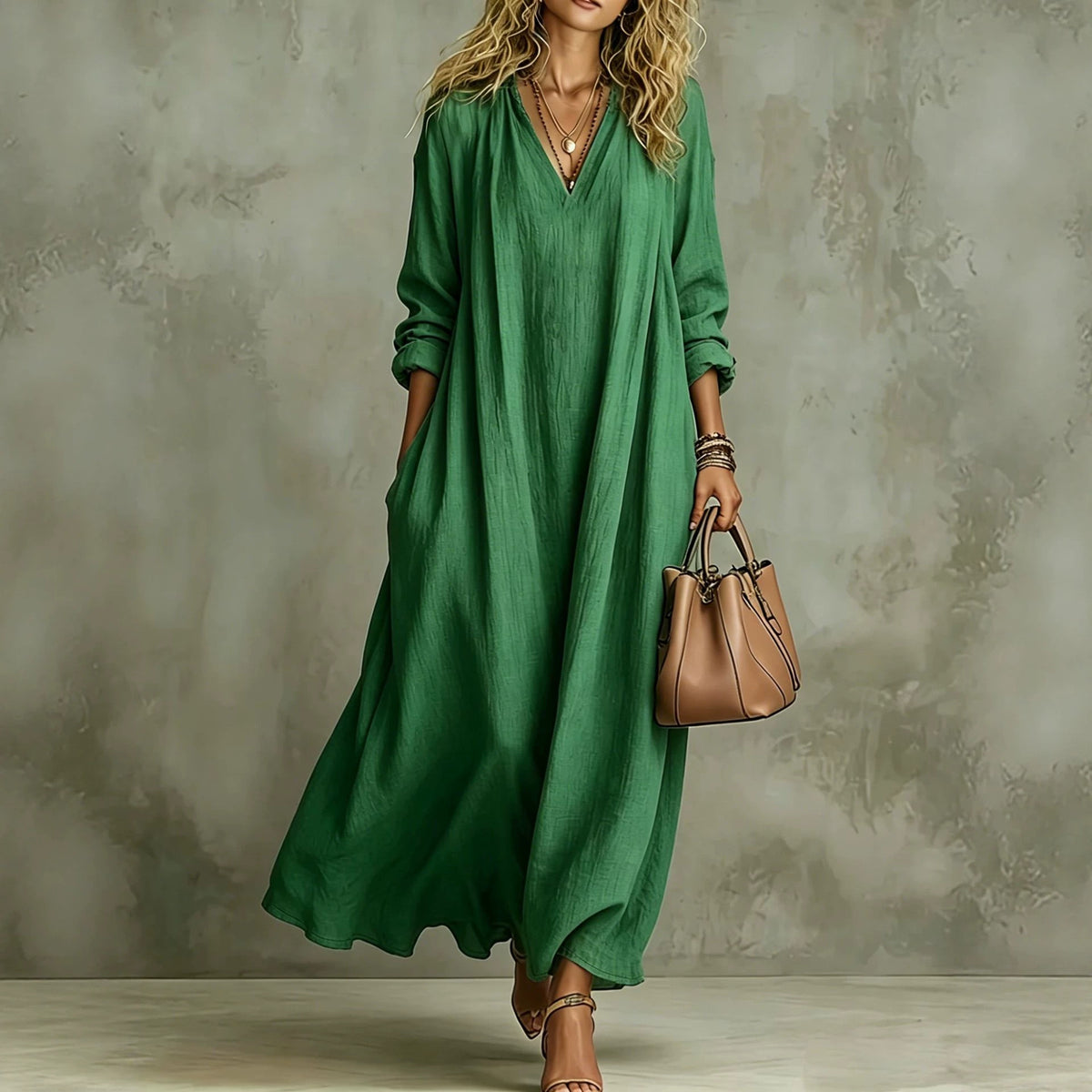 Women's V Neck Long Sleeve A-Line Maxi Dress