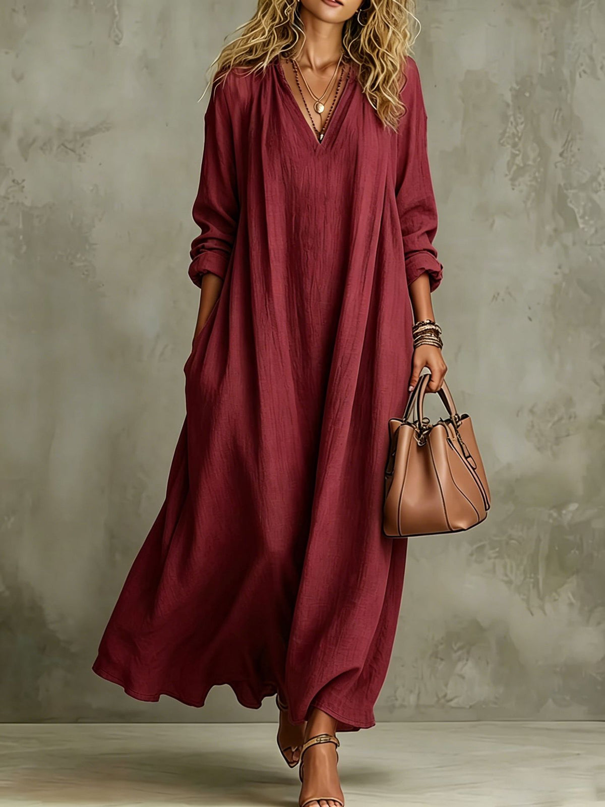 Women's V Neck Long Sleeve A-Line Maxi Dress