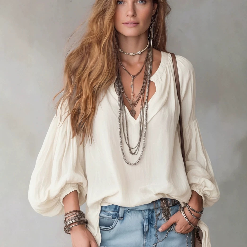 Women’s V Neck Lantern Sleeve Loose Fit Blouse with Pleated Design