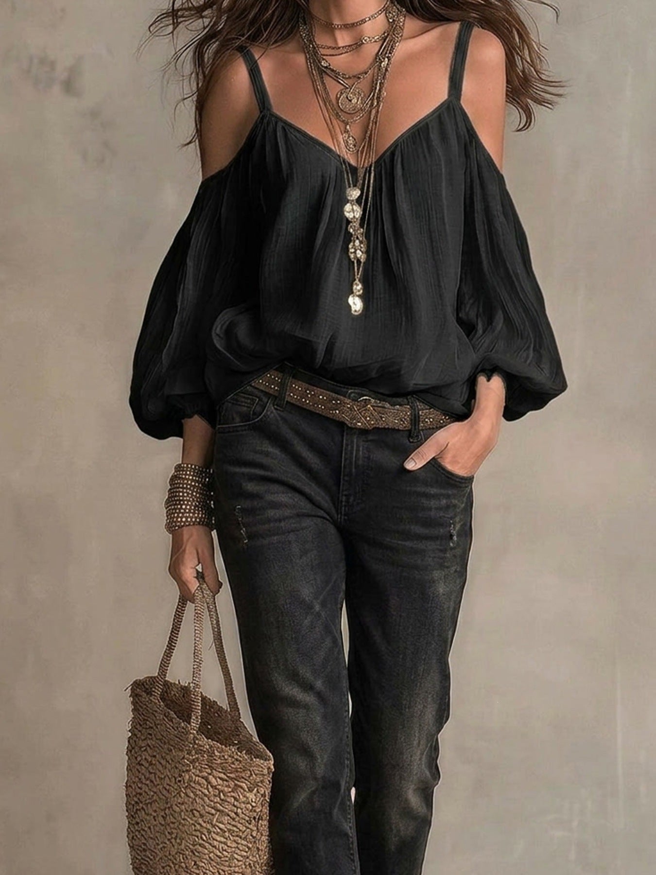 Women’s V Neck Long Sleeve Blouse with Lantern Sleeves and Loose Fit Design