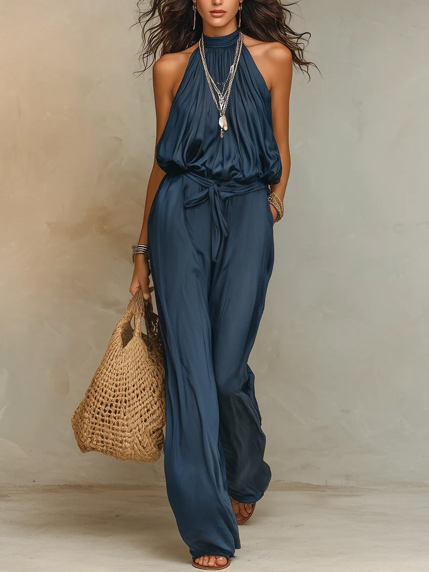 Women’s Halter Neck Jumpsuit with Waist Tie and Wide Leg Pants