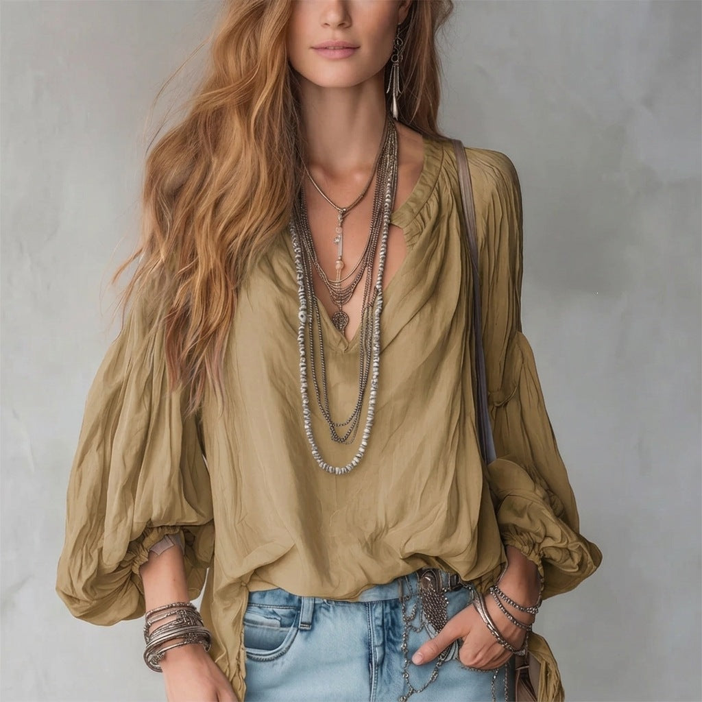 Women’s V Neck Lantern Sleeve Loose Fit Blouse with Pleated Design