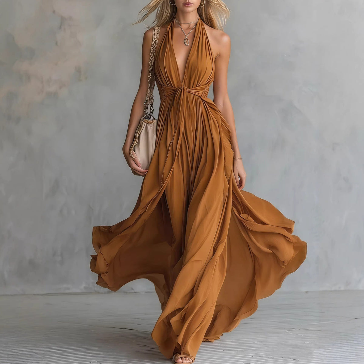 Women's Halter Neck Maxi Dress with Pleated Design