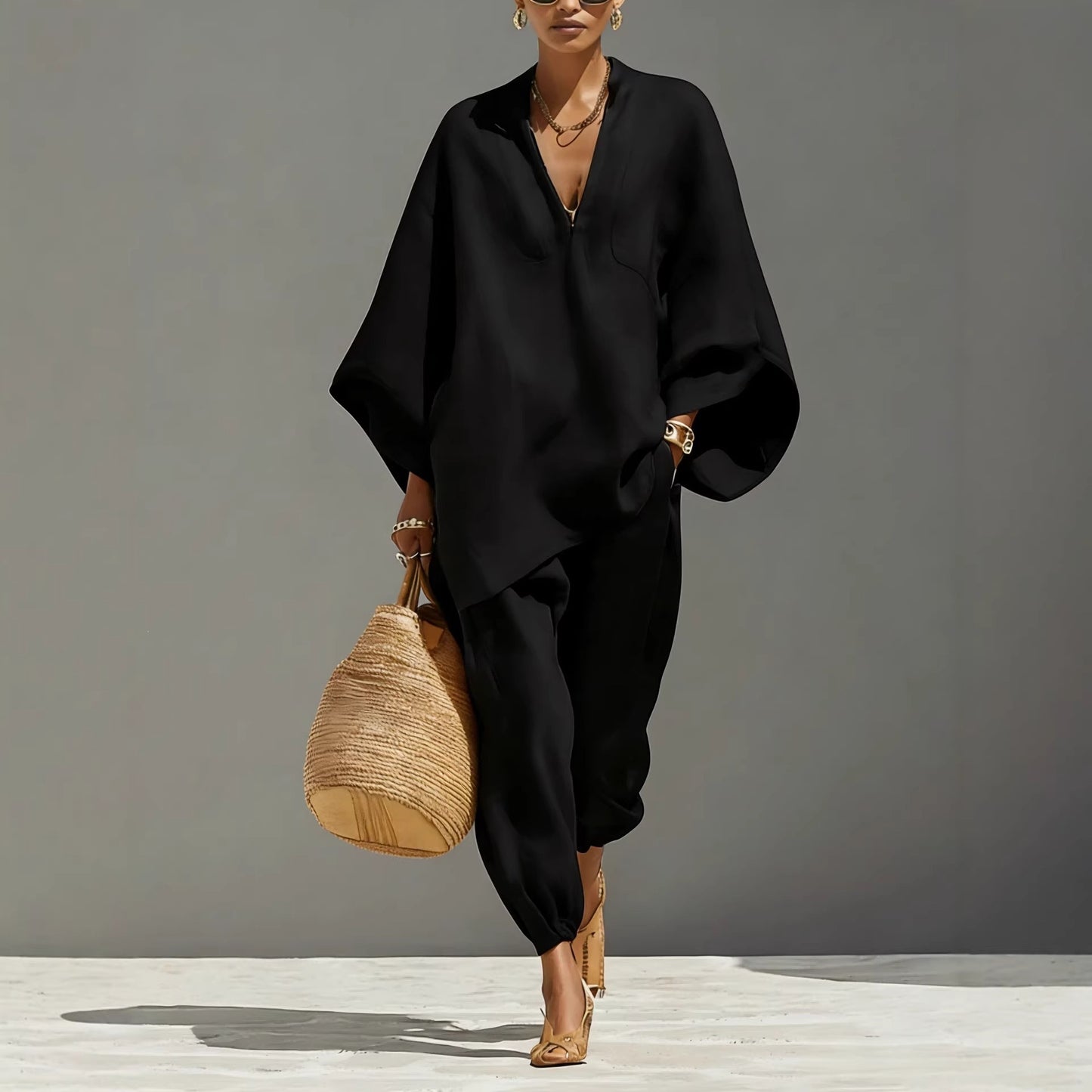 Women’s Two Piece Linen Blend Set with Loose Fit Long Sleeve Top and Pants
