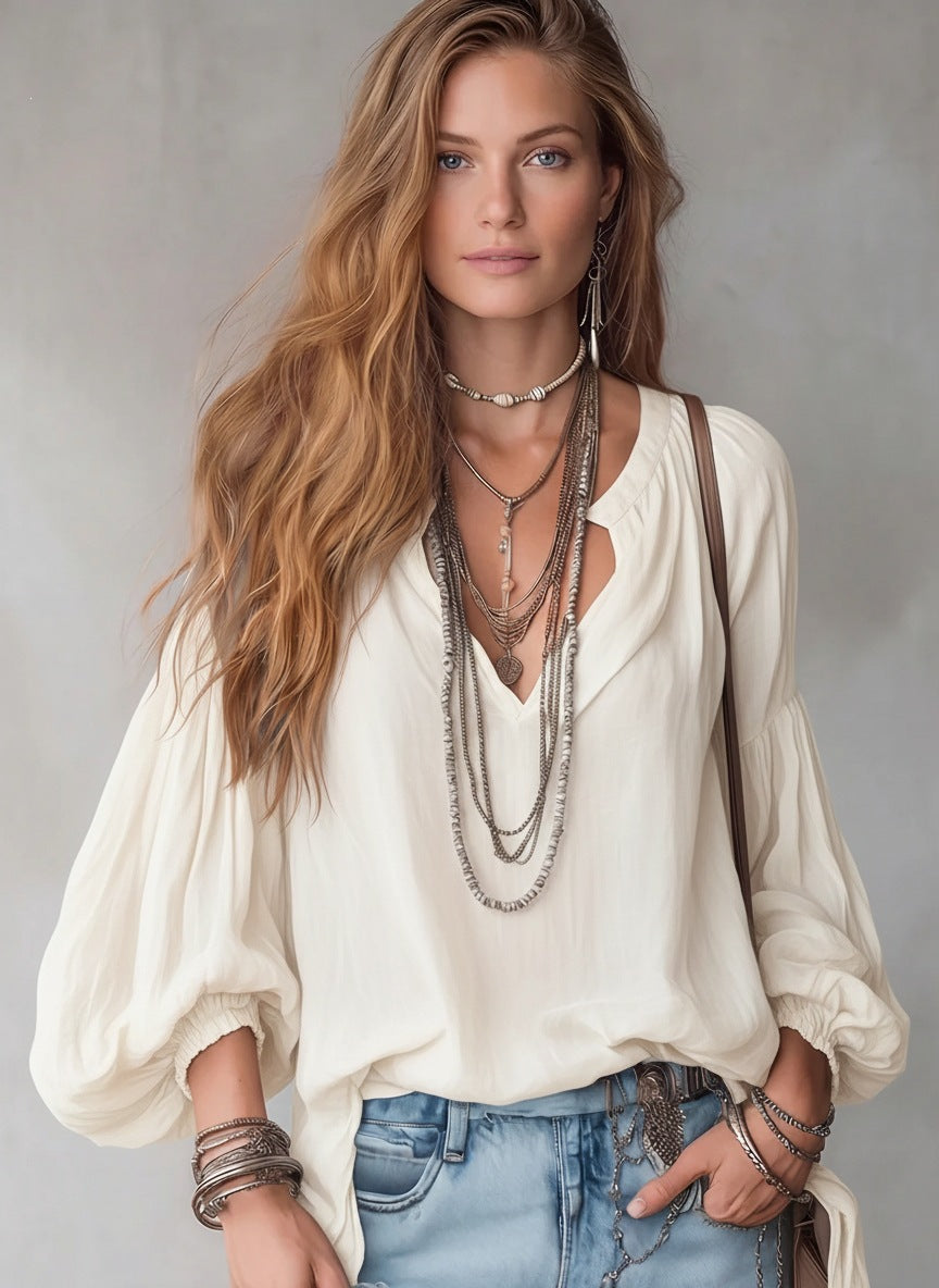 Women’s V Neck Lantern Sleeve Loose Fit Blouse with Pleated Design