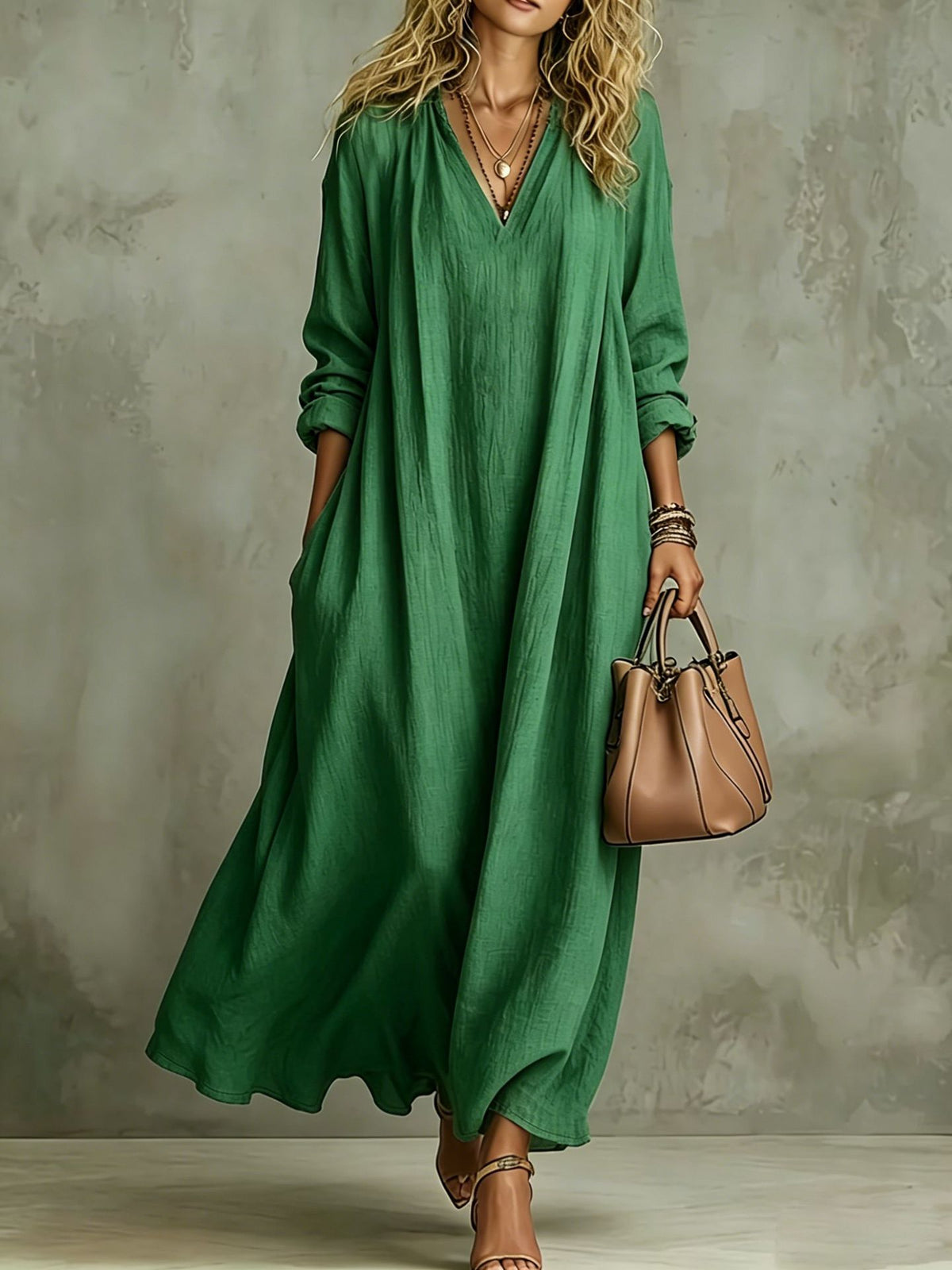 Women's V Neck Long Sleeve A-Line Maxi Dress