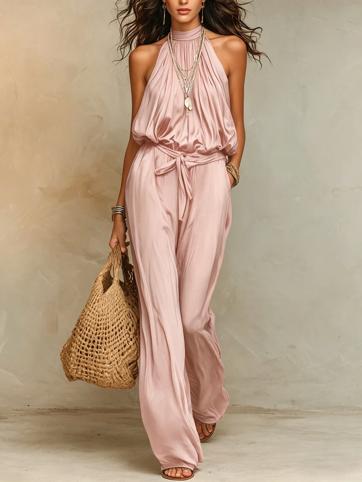 Women’s Halter Neck Jumpsuit with Waist Tie and Wide Leg Pants