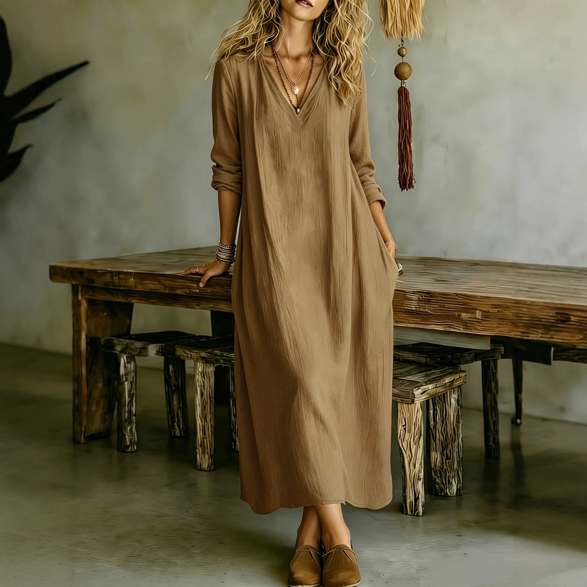 Women's V Neck Long Sleeve A-Line Maxi Dress