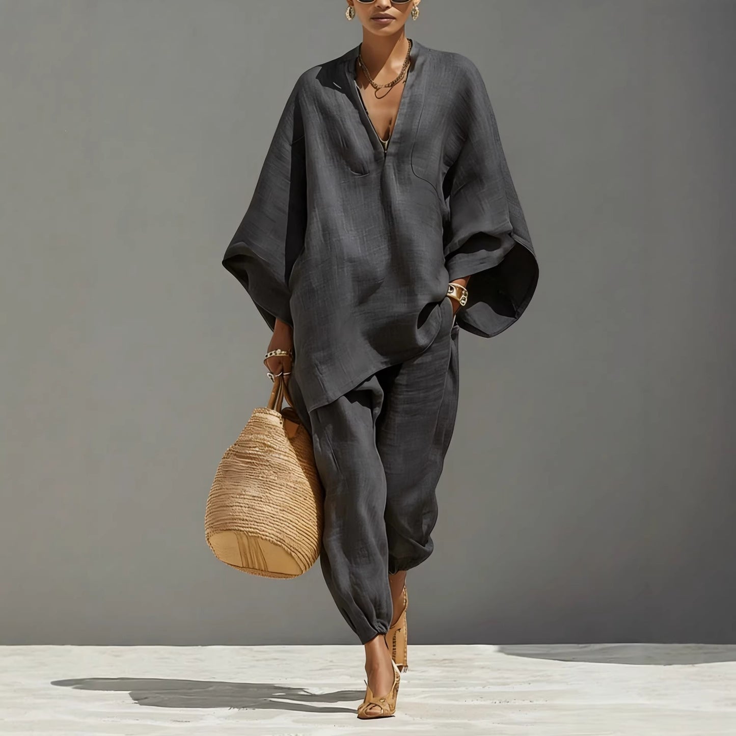 Women’s Two Piece Linen Blend Set with Loose Fit Long Sleeve Top and Pants