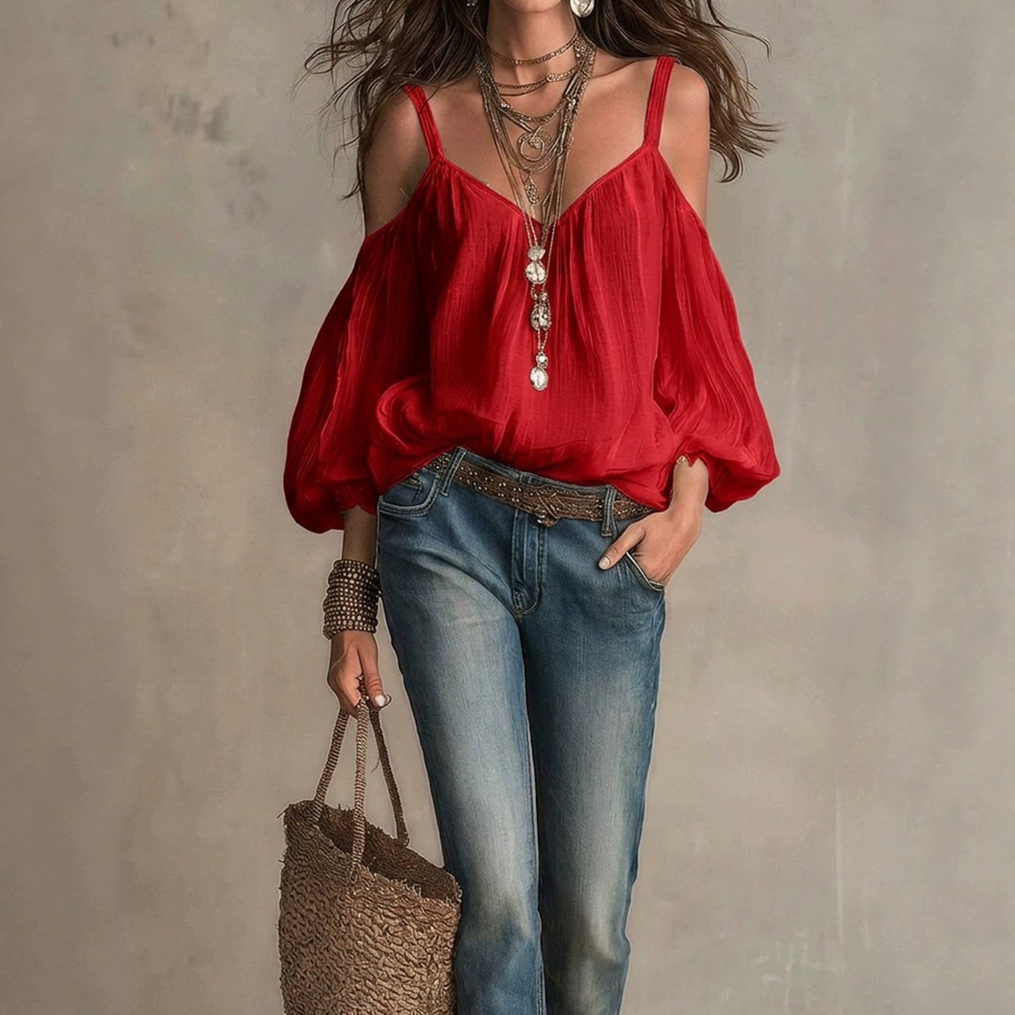 Women’s V Neck Long Sleeve Blouse with Lantern Sleeves and Loose Fit Design