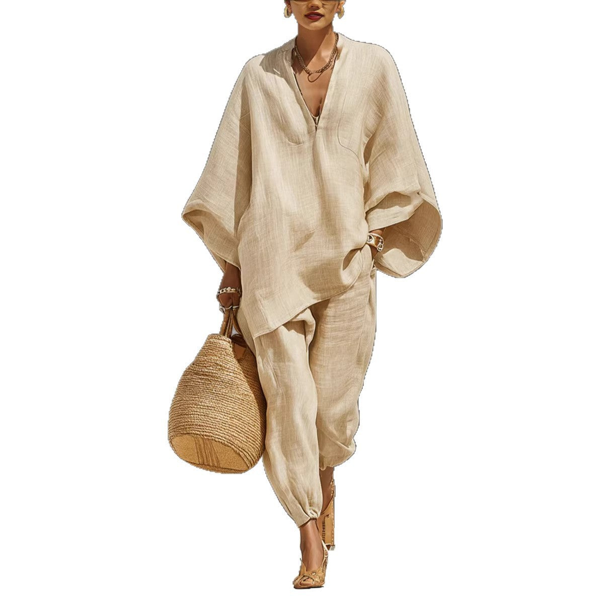 Women’s Two Piece Linen Blend Set with Loose Fit Long Sleeve Top and Pants