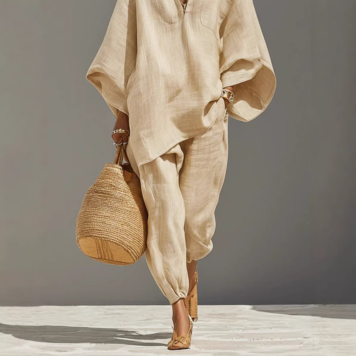 Women’s Two Piece Linen Blend Set with Loose Fit Long Sleeve Top and Pants