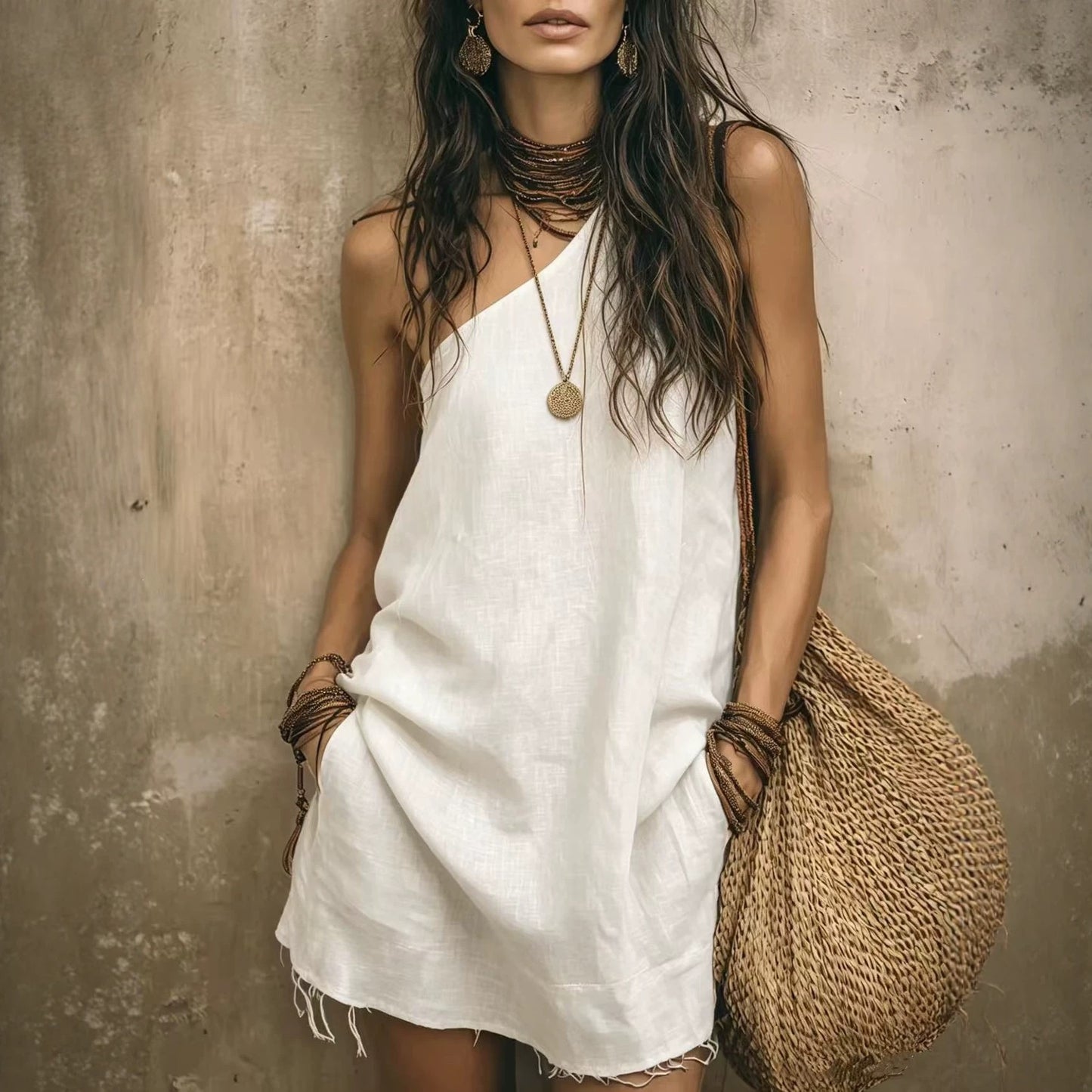 Women's Sleeveless A-Line Mini Dress with Side Pockets