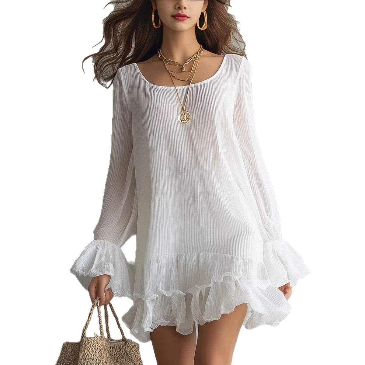 Women's Long Sleeve Ruffle Hem Mini Dress