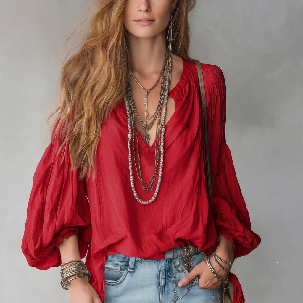 Women’s V Neck Lantern Sleeve Loose Fit Blouse with Pleated Design