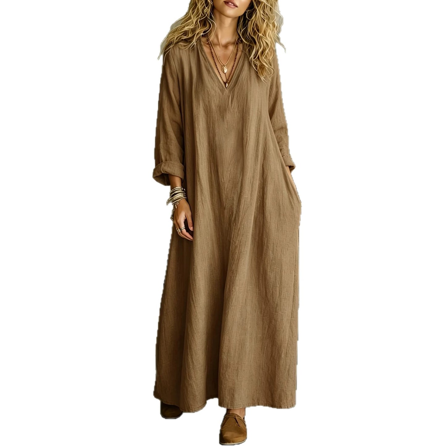 Women's V Neck Long Sleeve A-Line Maxi Dress