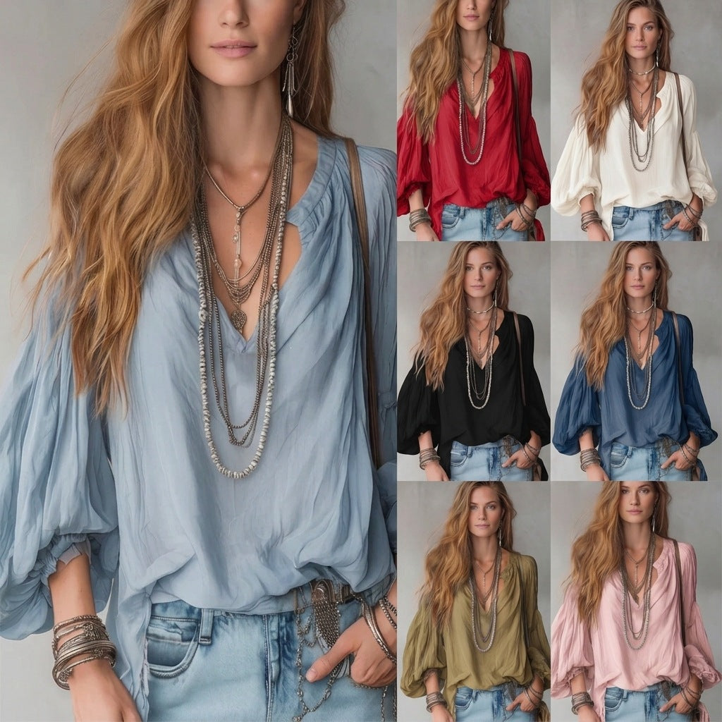 Women’s V Neck Lantern Sleeve Loose Fit Blouse with Pleated Design