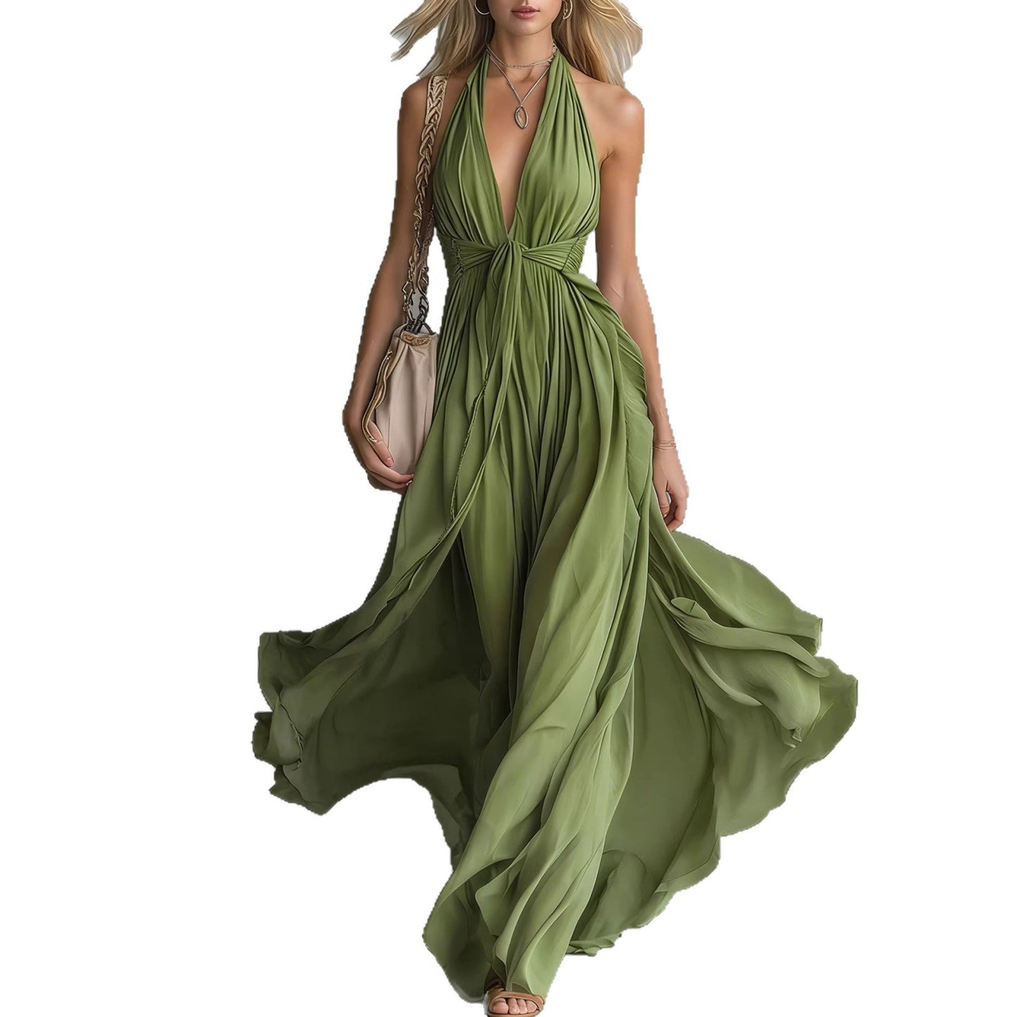 Women's Halter Neck Maxi Dress with Pleated Design