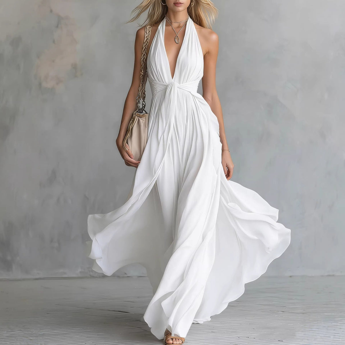 Women's Halter Neck Maxi Dress with Pleated Design