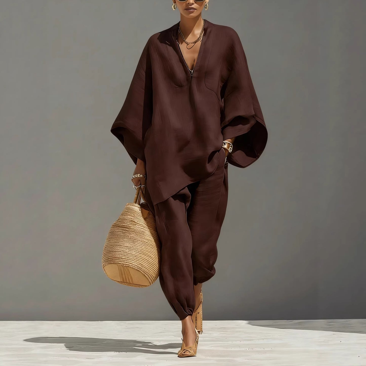 Women’s Two Piece Linen Blend Set with Loose Fit Long Sleeve Top and Pants