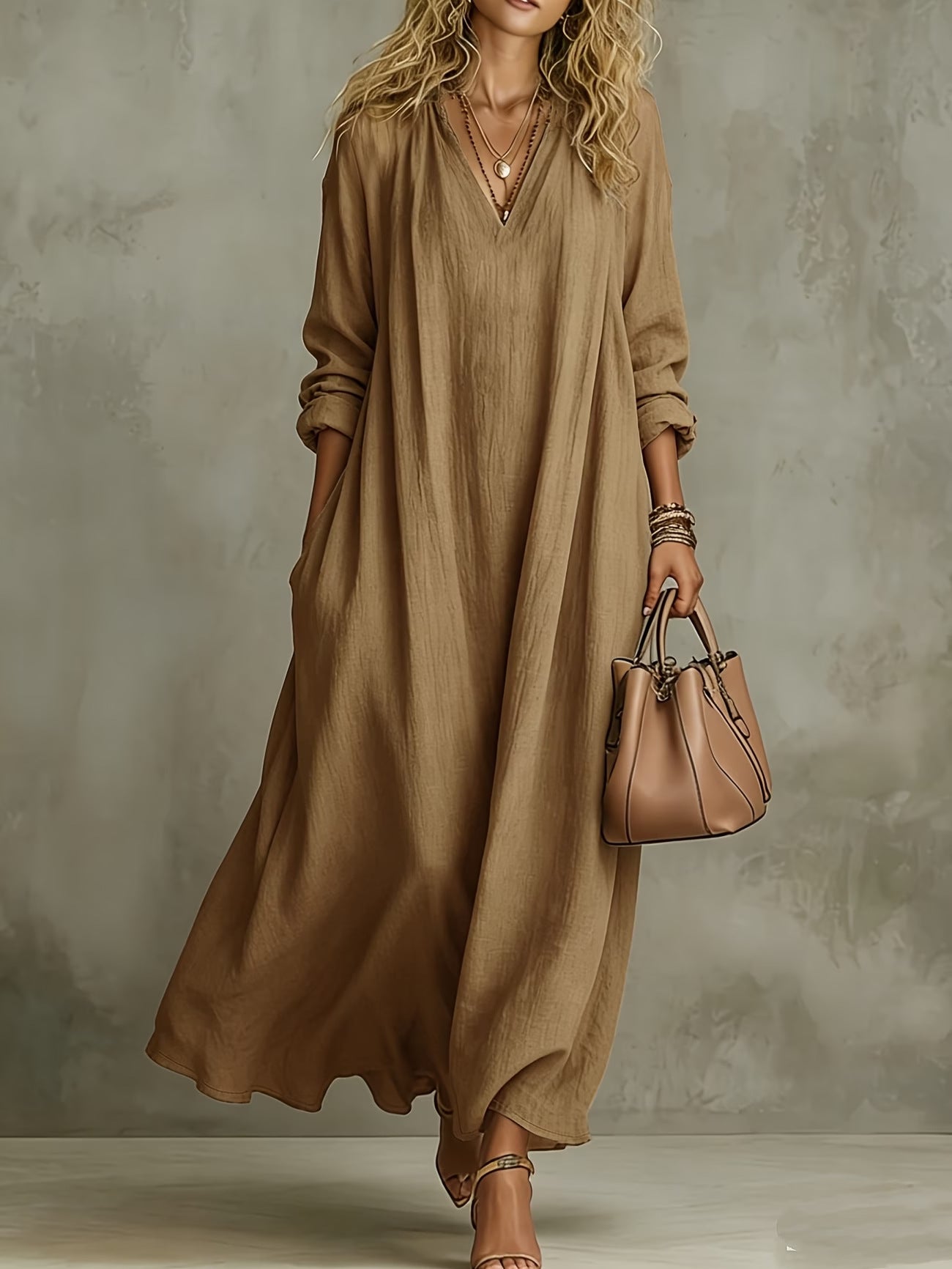 Women's V Neck Long Sleeve A-Line Maxi Dress
