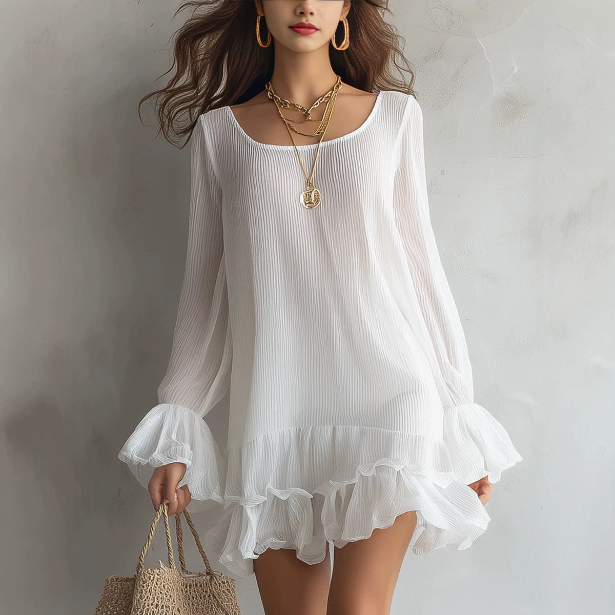 Women's Long Sleeve Ruffle Hem Mini Dress