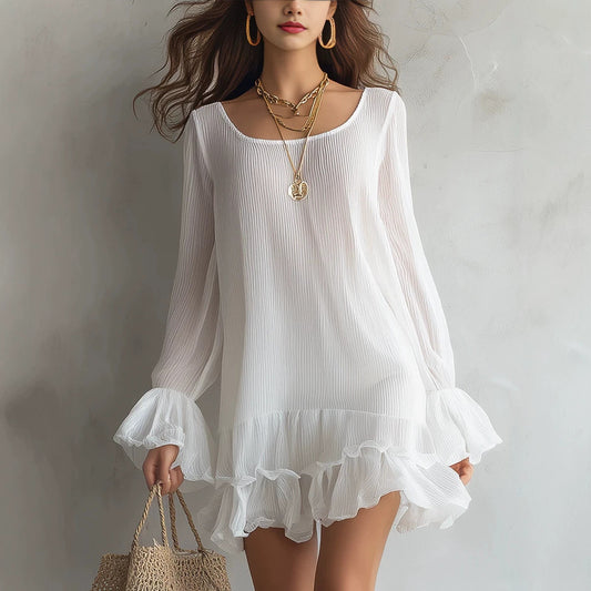 Women’s Long Sleeve Ruffle Mini Dress with Loose Fit Design