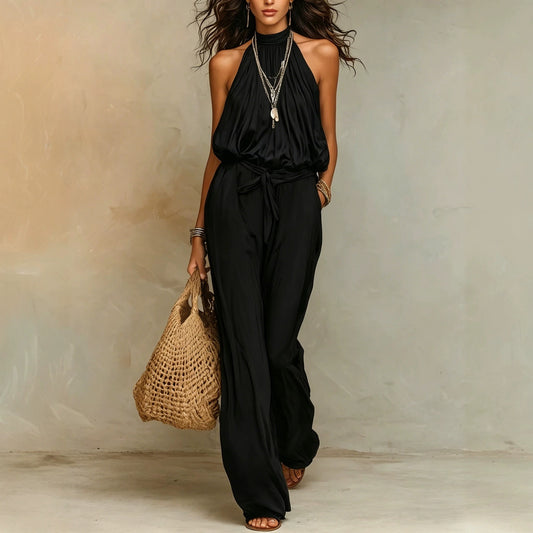 Women’s Halter Neck Jumpsuit with Waist Tie and Wide Leg Pants