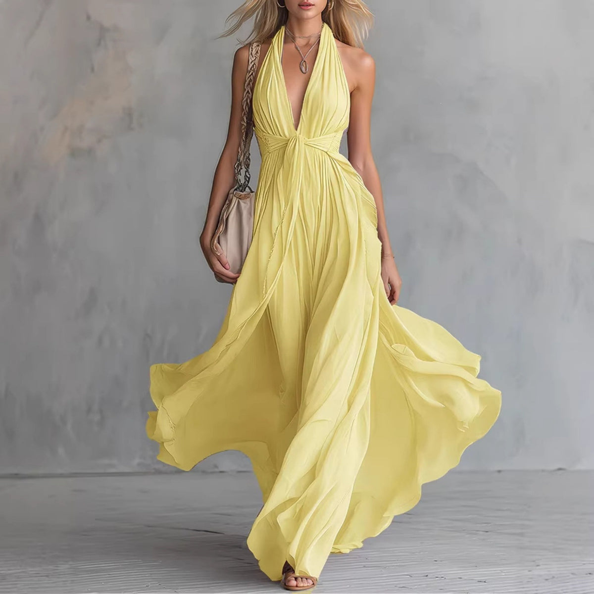 Women's Halter Neck Maxi Dress with Pleated Design
