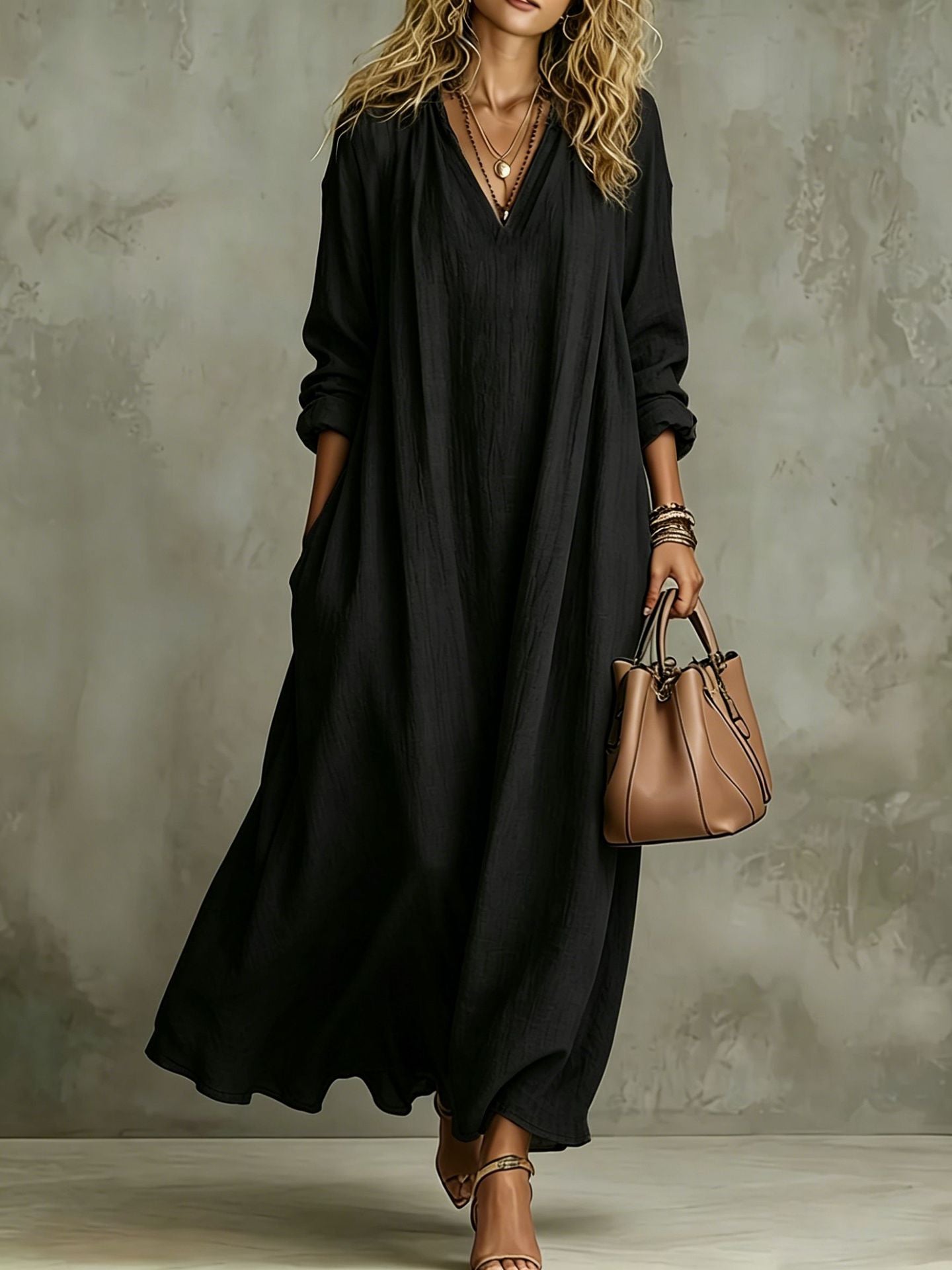 Women's V Neck Long Sleeve A-Line Maxi Dress